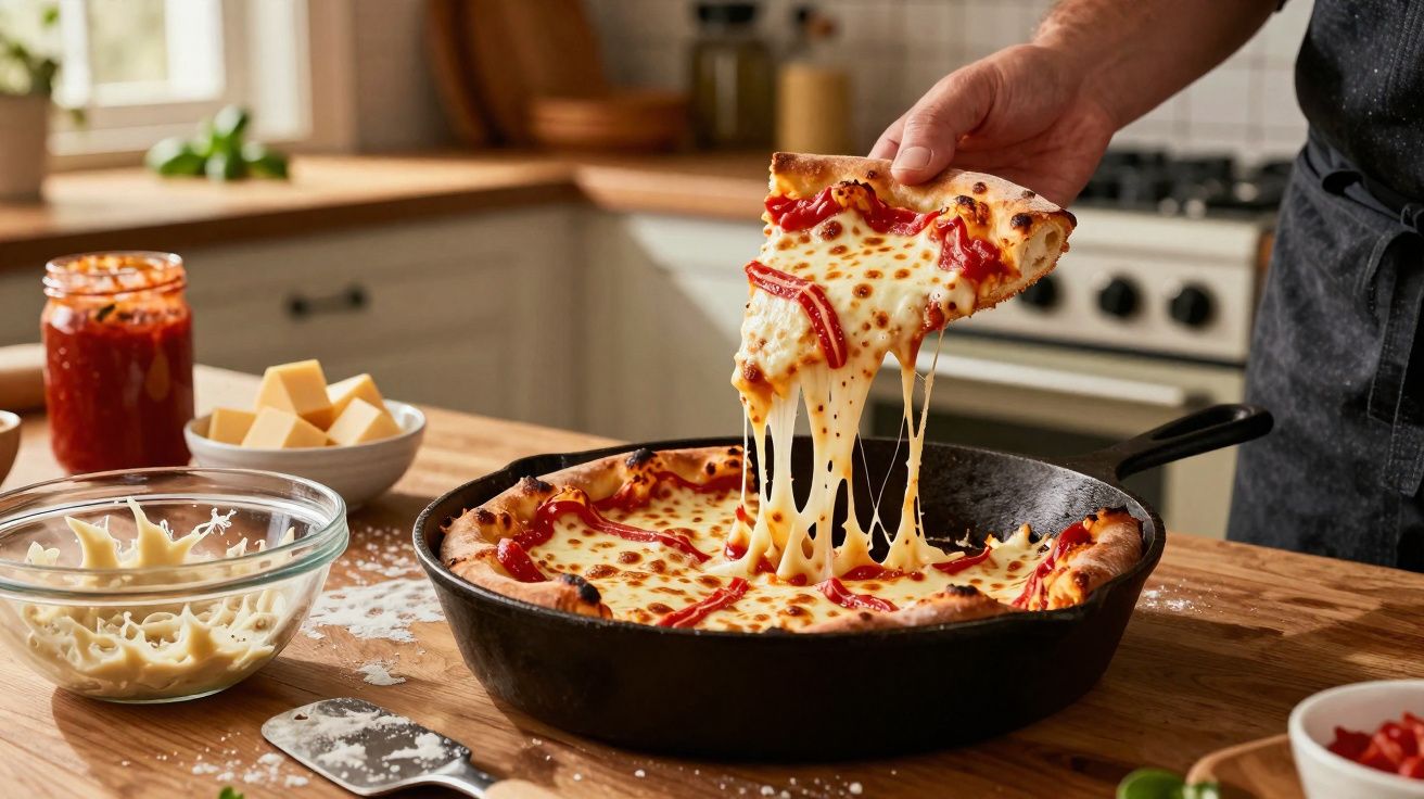 Pessoa a retirar fatia de pizza caseira com queijo derretido e molho de tomate numa frigideira preta numa cozinha.