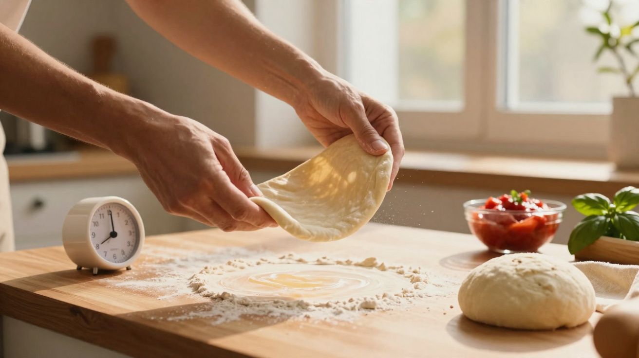 Mãos esticando massa de pizza sobre bancada com farinha, tomate picado, manjericão e relógio em fundo de cozinha iluminada.