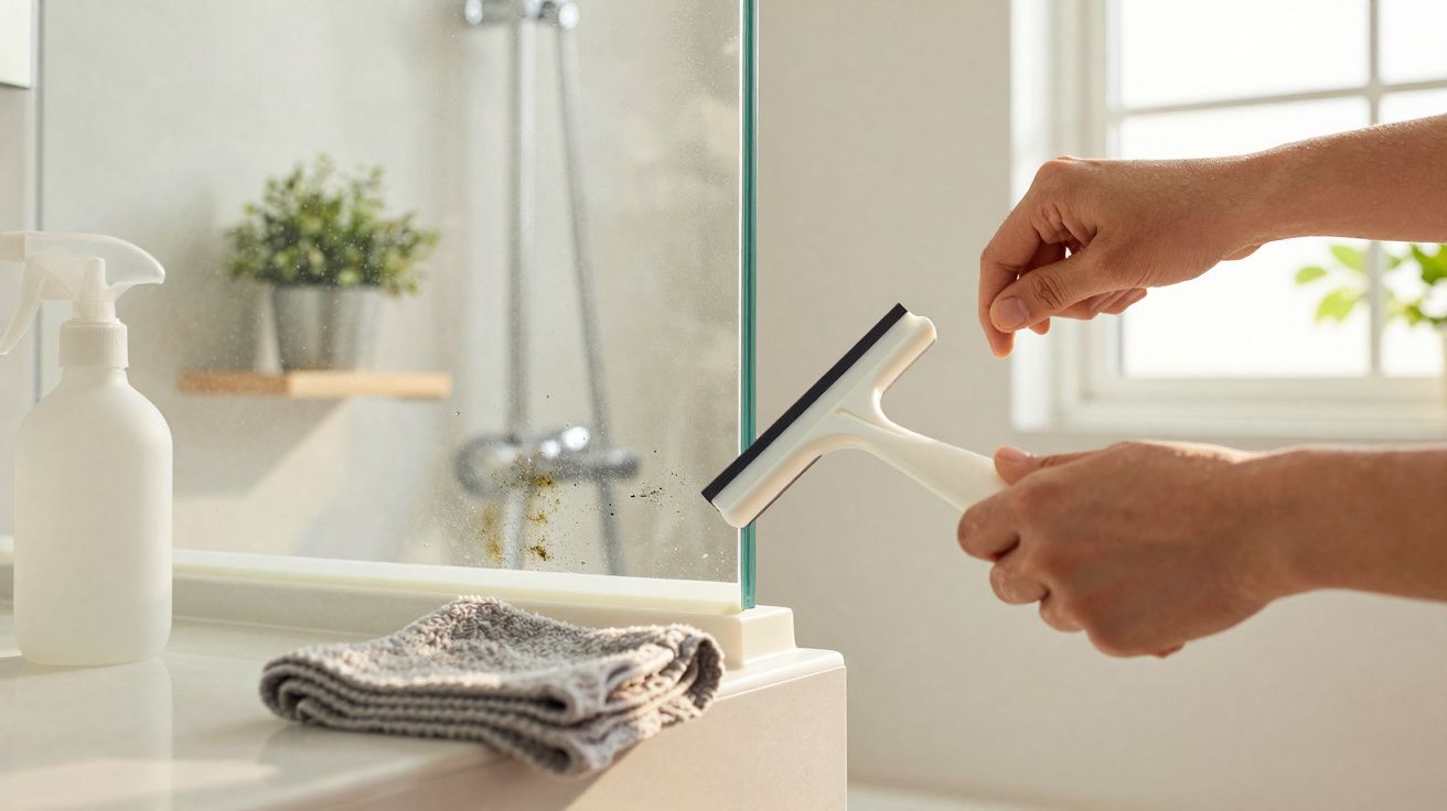 Mãos a limpar um espelho de casa de banho com um limpa-vidros junto a uma toalha cinza e frasco branco.