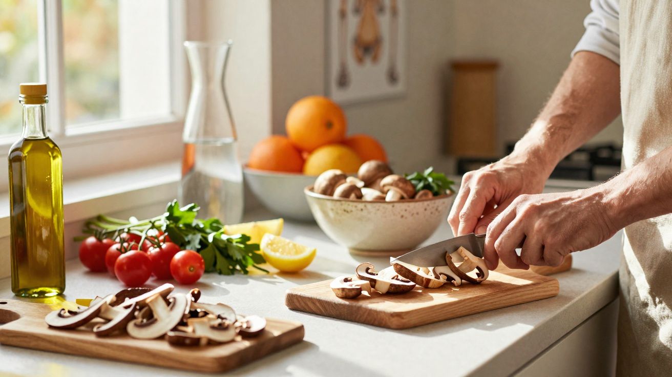 Pessoa a cortar cogumelos numa tábua de madeira numa cozinha iluminada com legumes e frutas ao fundo.