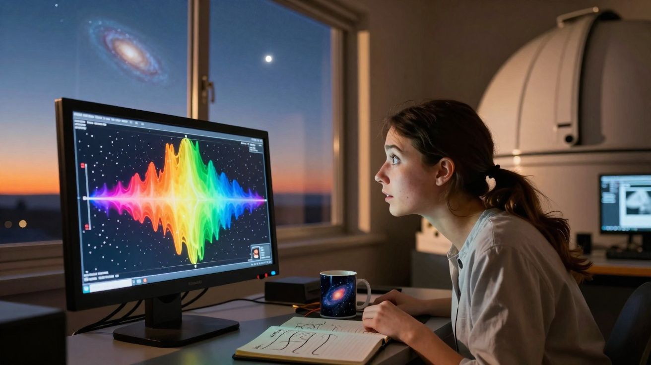 Mulher em laboratório observando espectro colorido no ecrã com galáxia e lua visíveis pela janela ao anoitecer.