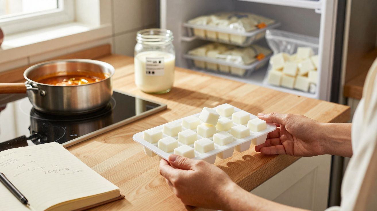 Pessoa a segurar tabuleiro com cubos brancos em cozinha, fogão com panela, aberto com recipientes no frigorífico.