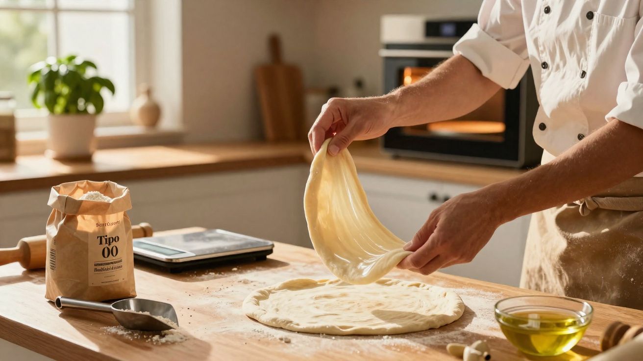 Pessoa esticando massa de pizza numa cozinha luminosa com ingredientes e forno ao fundo.
