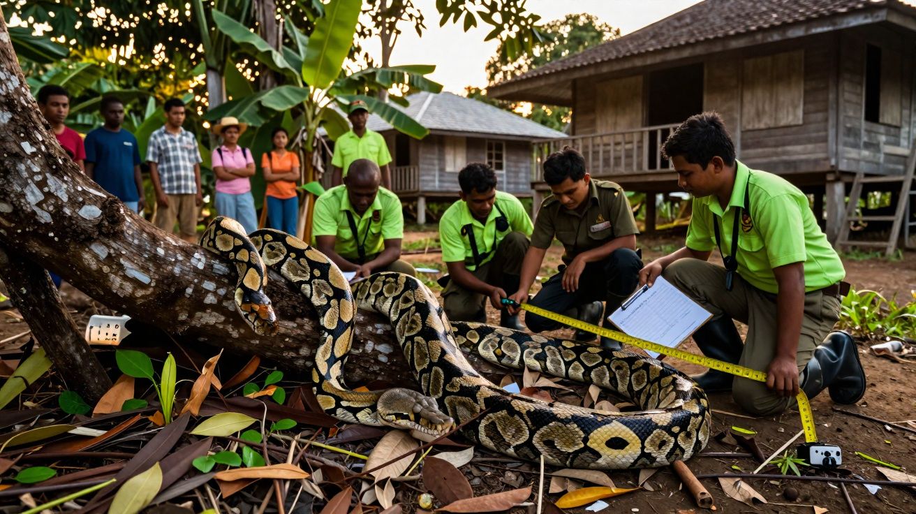 Equipa a medir uma grande píton enrolada num tronco, com várias pessoas a observar ao fundo numa área rural.