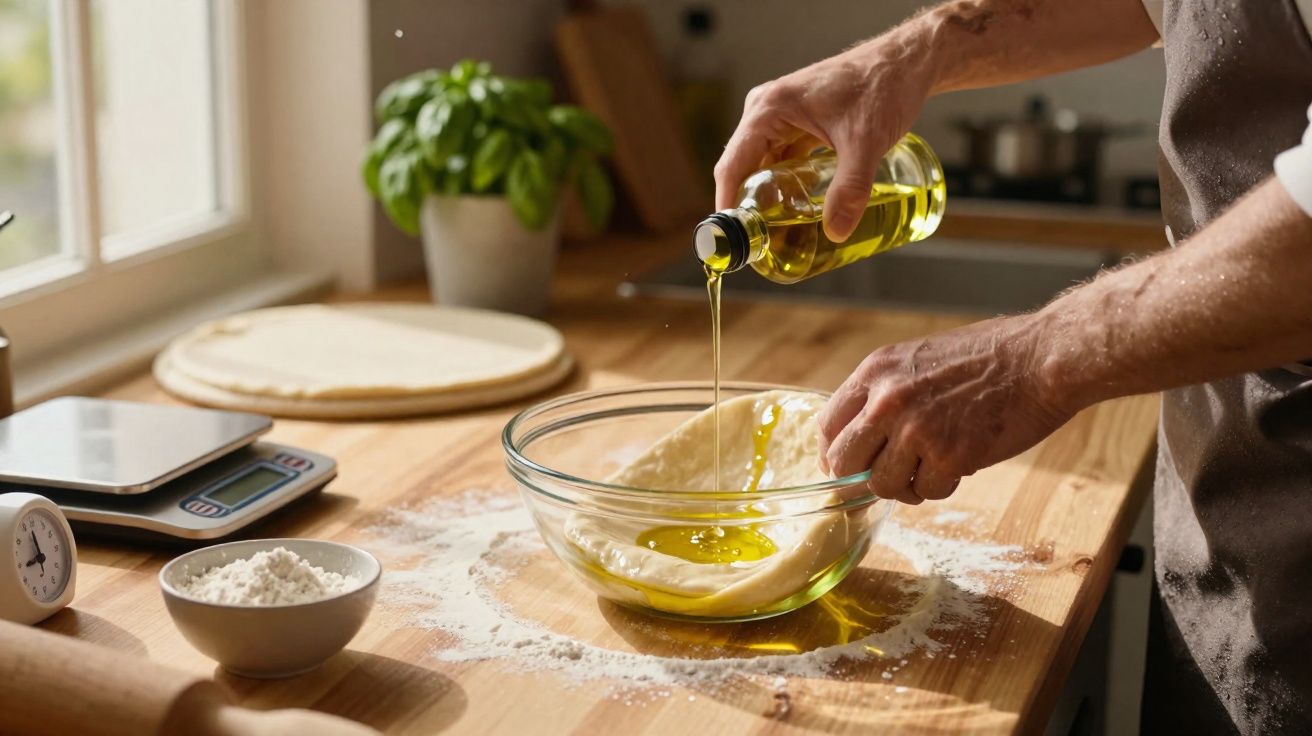 Pessoa a verter azeite numa tigela com massa numa cozinha iluminada com utensílios para preparar pão.