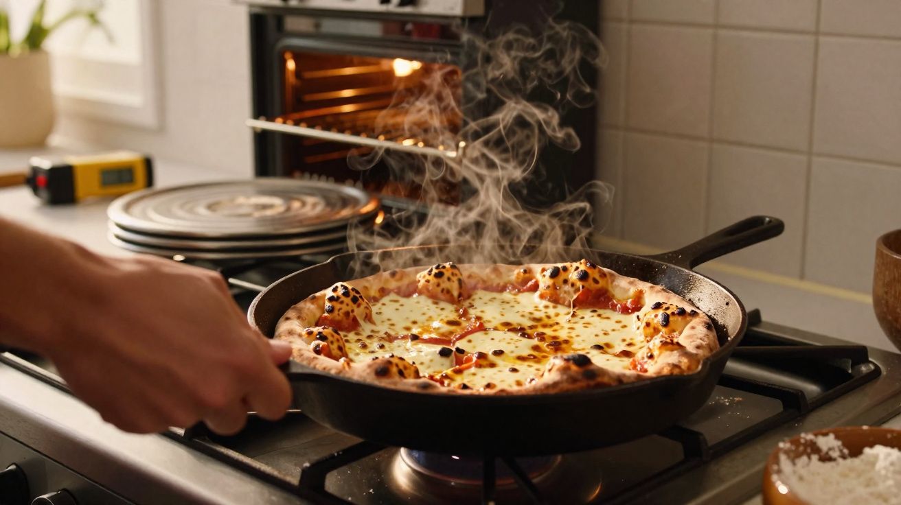 Pizza recém-assada numa frigideira em lume brando, com queijo derretido e vapor visível na cozinha.