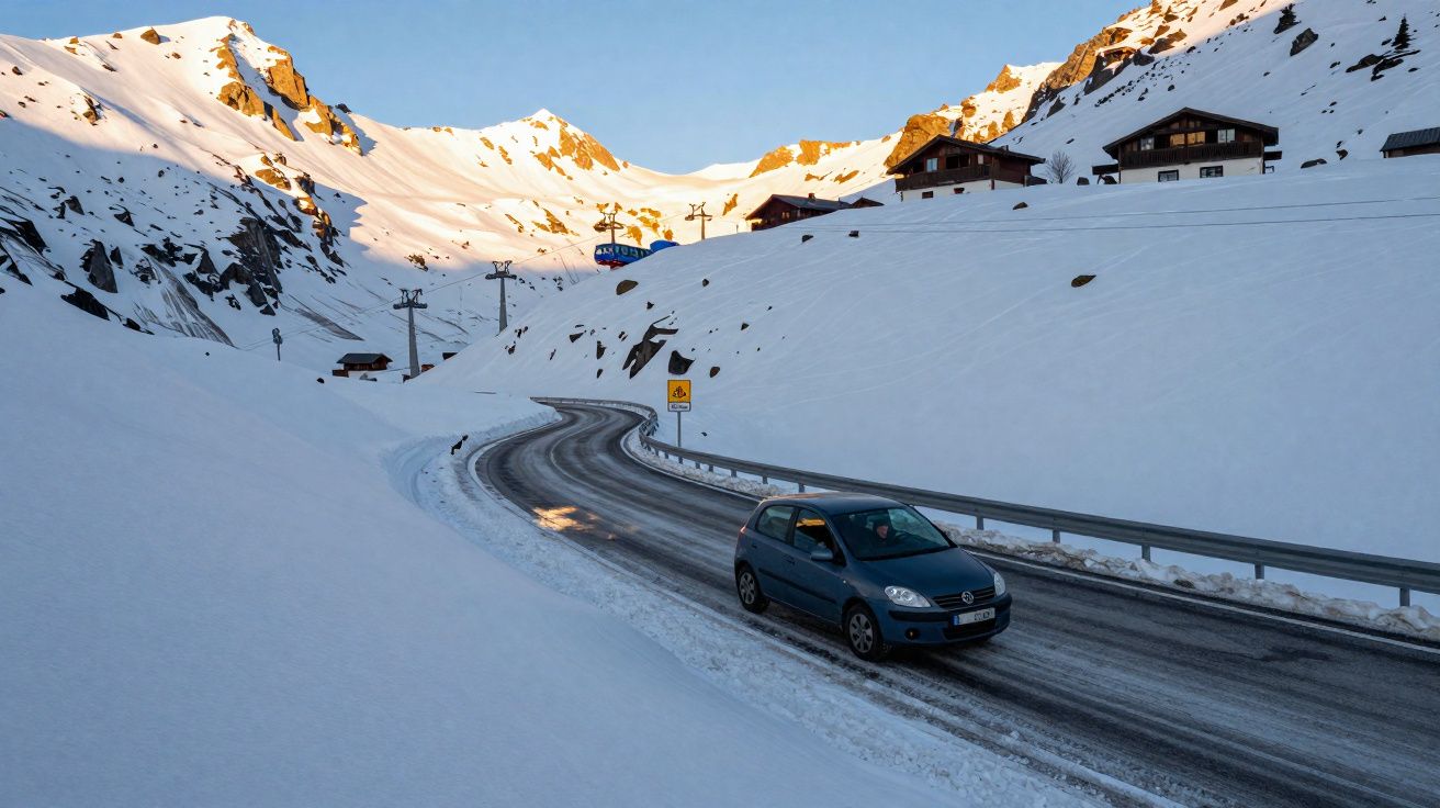 Carro a conduzir numa estrada sinuosa coberta de neve, rodeada por montanhas e chalés com neve ao amanhecer.