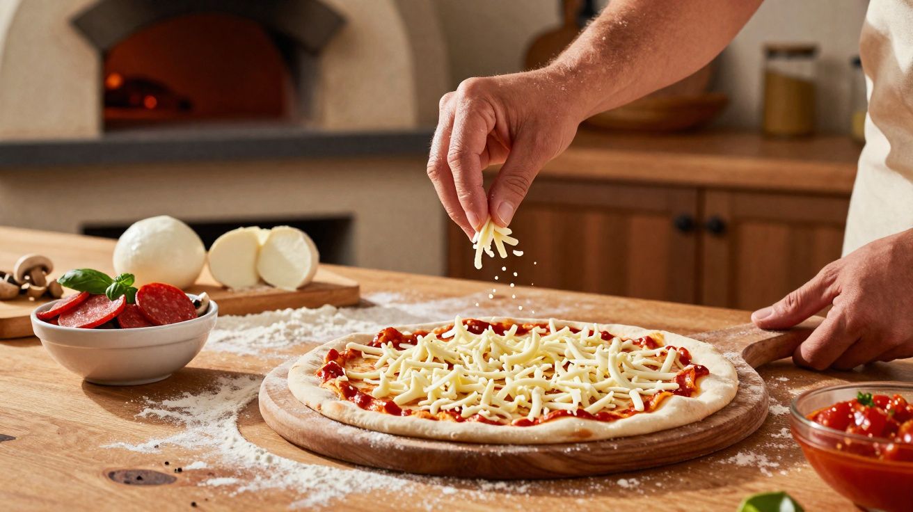 Mão a polvilhar queijo ralado numa pizza com molho de tomate numa mesa de cozinha rústica.