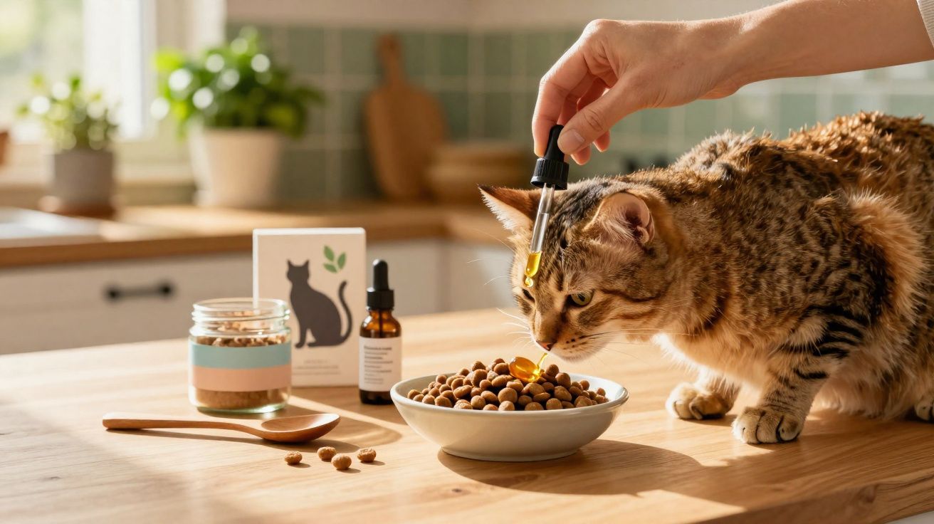 Gato a cheirar comida com óleo a ser colocado na tigela com conta-gotas numa cozinha iluminada.