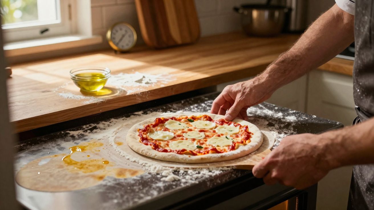 Pessoa a colocar pizza com queijo e tomate no forno numa cozinha iluminada.