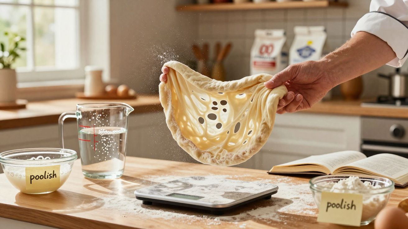Mãos a esticar massa em cozinha com utensílios e ingredientes para pão sobre bancada de madeira.