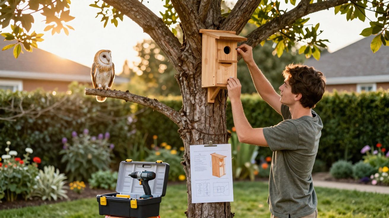 Jovem a instalar uma casinha de madeira para aves numa árvore com um mocho numa rama ao lado.