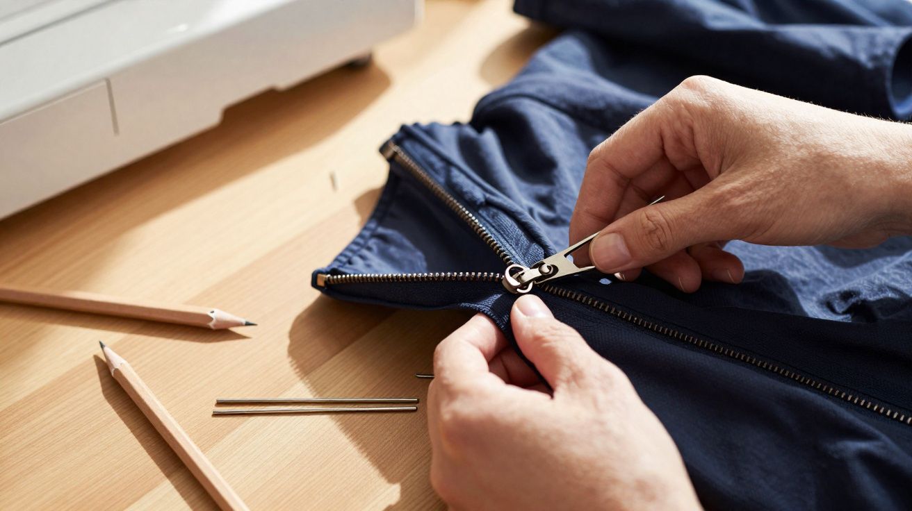 Mãos a consertar um fecho éclair azul num tecido, com lápis e agulhas à volta numa mesa de madeira.