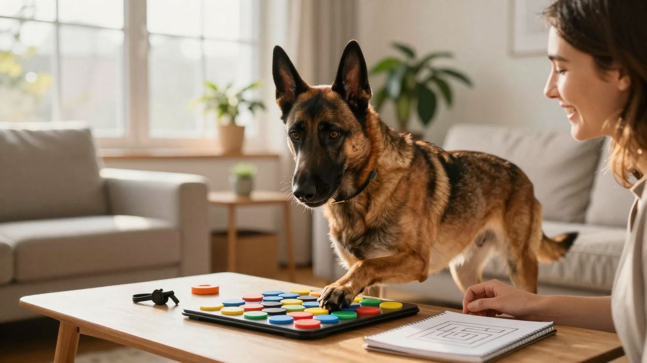Cão pastor alemão a jogar jogo de tabuleiro com fichas coloridas enquanto mulher observa sorrindo.