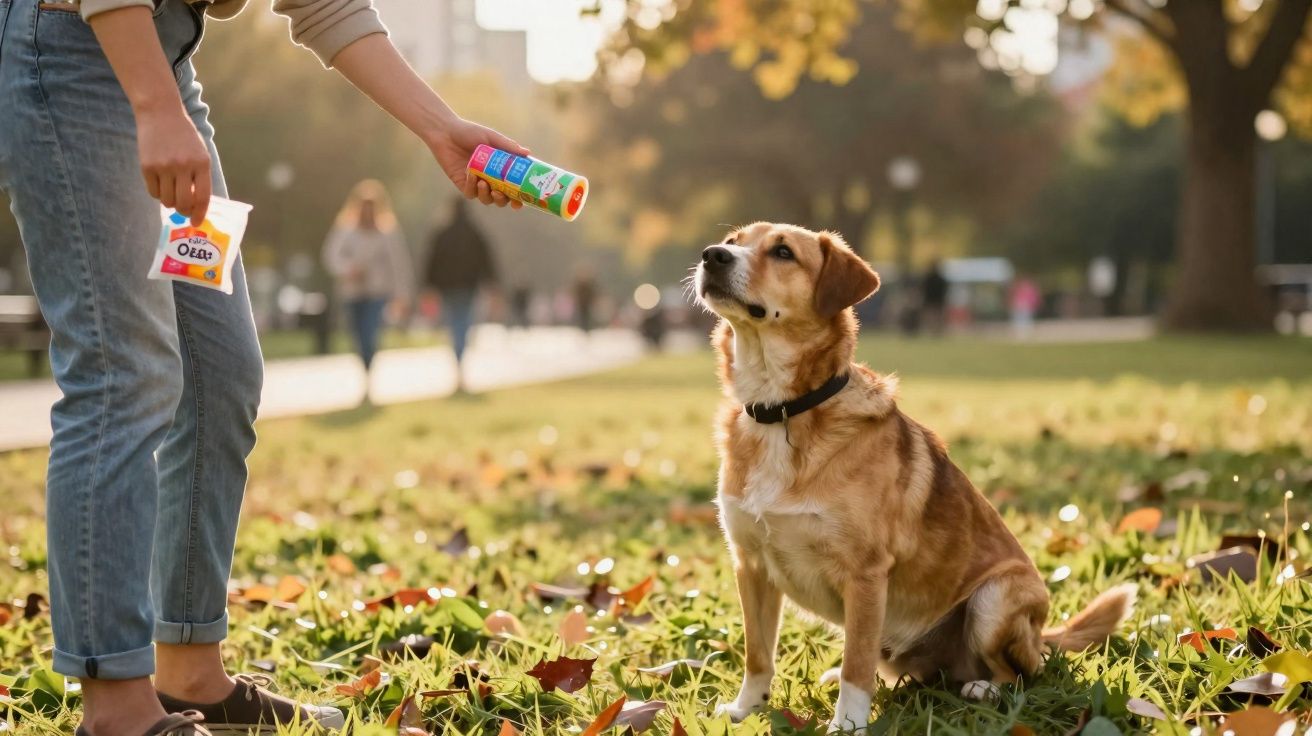 Pessoa a oferecer guloseimas enquanto cão sentado espera atento no parque em dia ensolarado de outono.