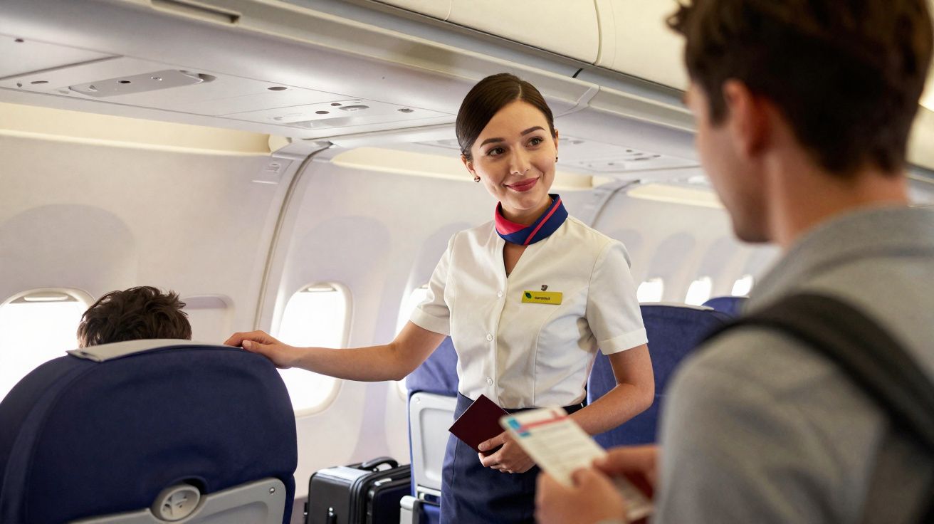 Tripulante de cabine sorridente a atender passageiro com bilhete no interior de avião.