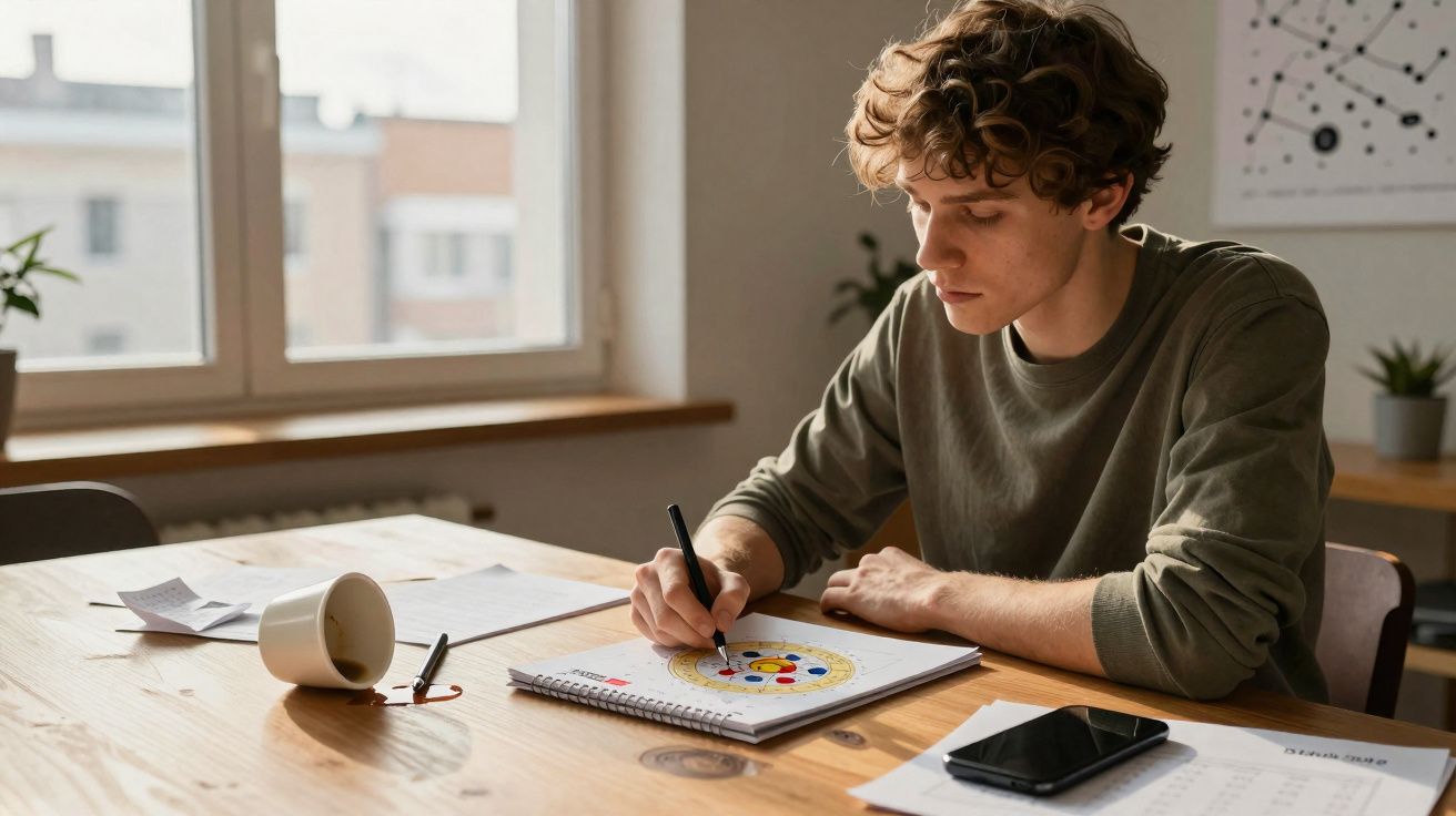 Jovem sentado à mesa a desenhar um círculo colorido num caderno com caneta preta, com objetos espalhados.