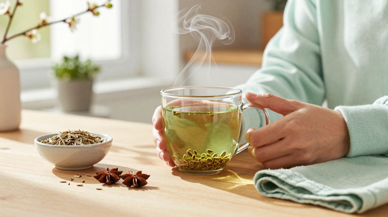 Mãos a segurarem chá quente de ervas numa chávena transparente junto a especiarias num ambiente acolhedor interior.