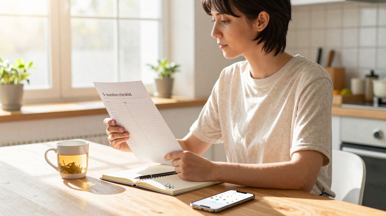 Mulher sentada à mesa lendo papel, com chá, caderno e telemóvel numa cozinha iluminada.