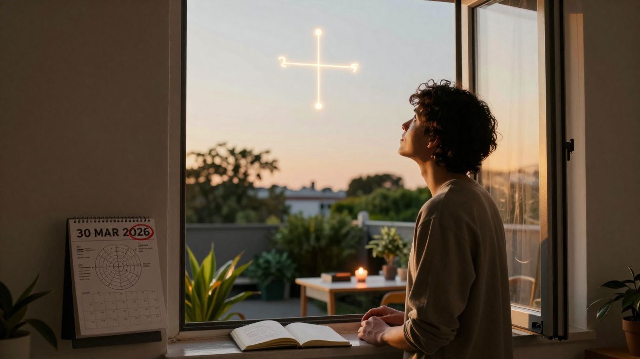 Pessoa a olhar pela janela para um céu ao entardecer com símbolos luminosos de números e flechas.