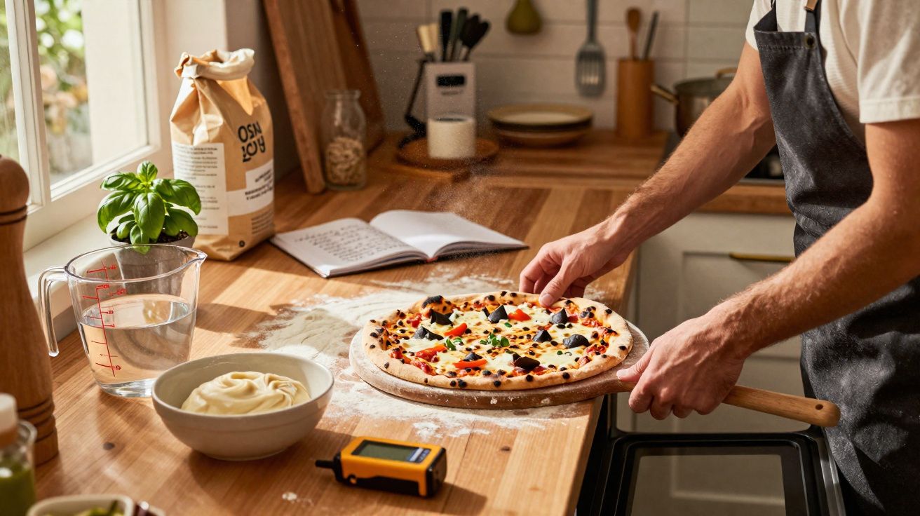 Pessoa a segurar pizza fresca com manjericão numa cozinha com ingredientes e livro de receitas na bancada de madeira.