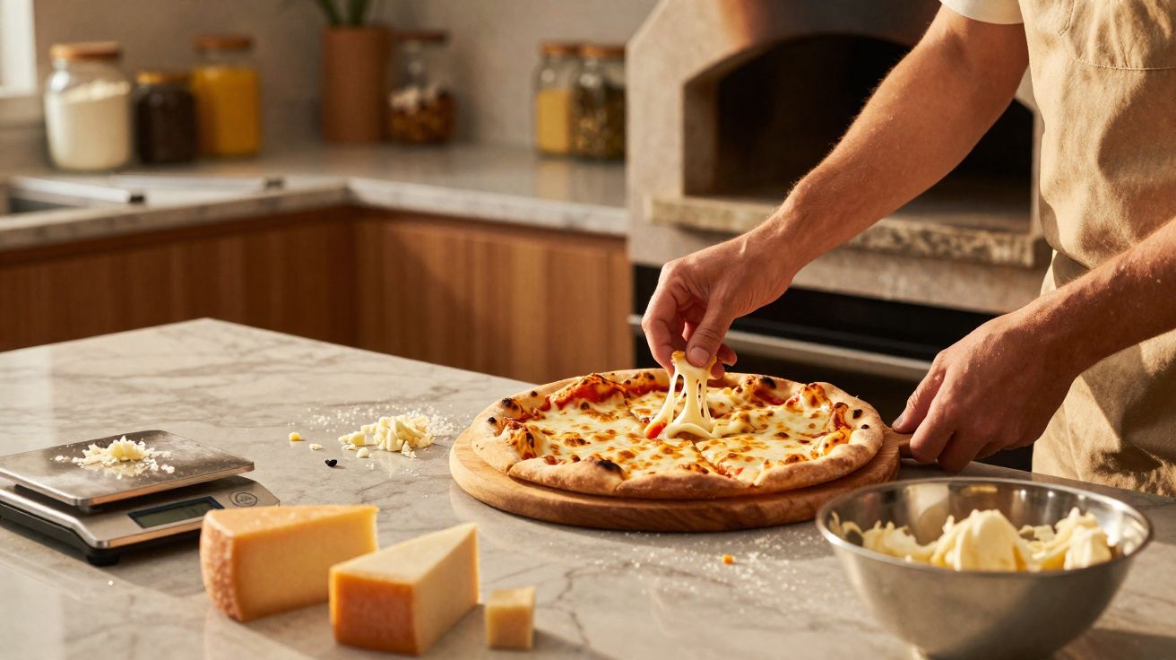 Pessoa a puxar queijo derretido de uma pizza numa cozinha com ingredientes e utensílios à frente.