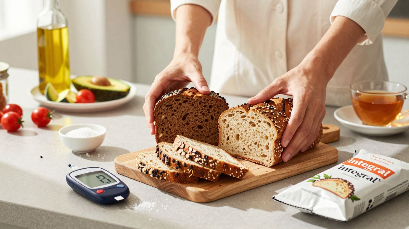 Pessoa a cortar pão integral em tábuas de madeira numa bancada com medidor de glicose e chá.
