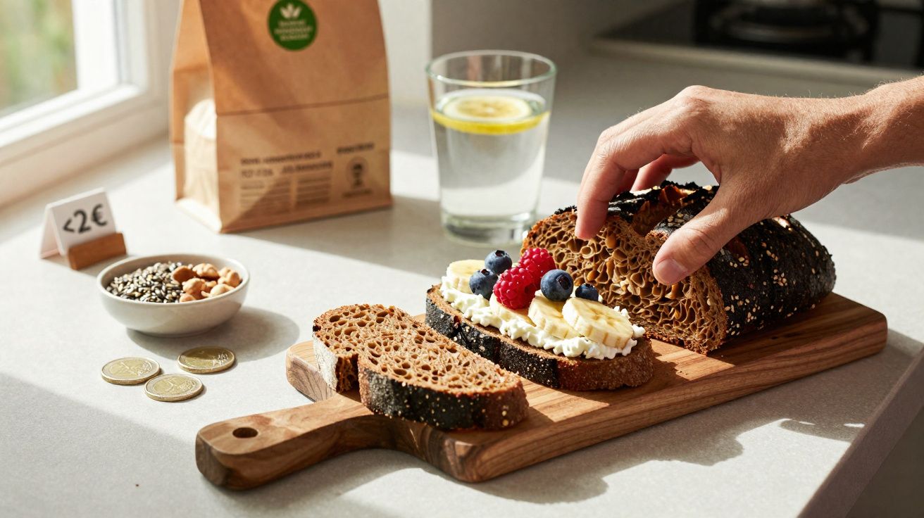 Pessoa a pegar fatia de pão com sementes, queijo fresco e frutos vermelhos, ao lado de copo com água e limão.