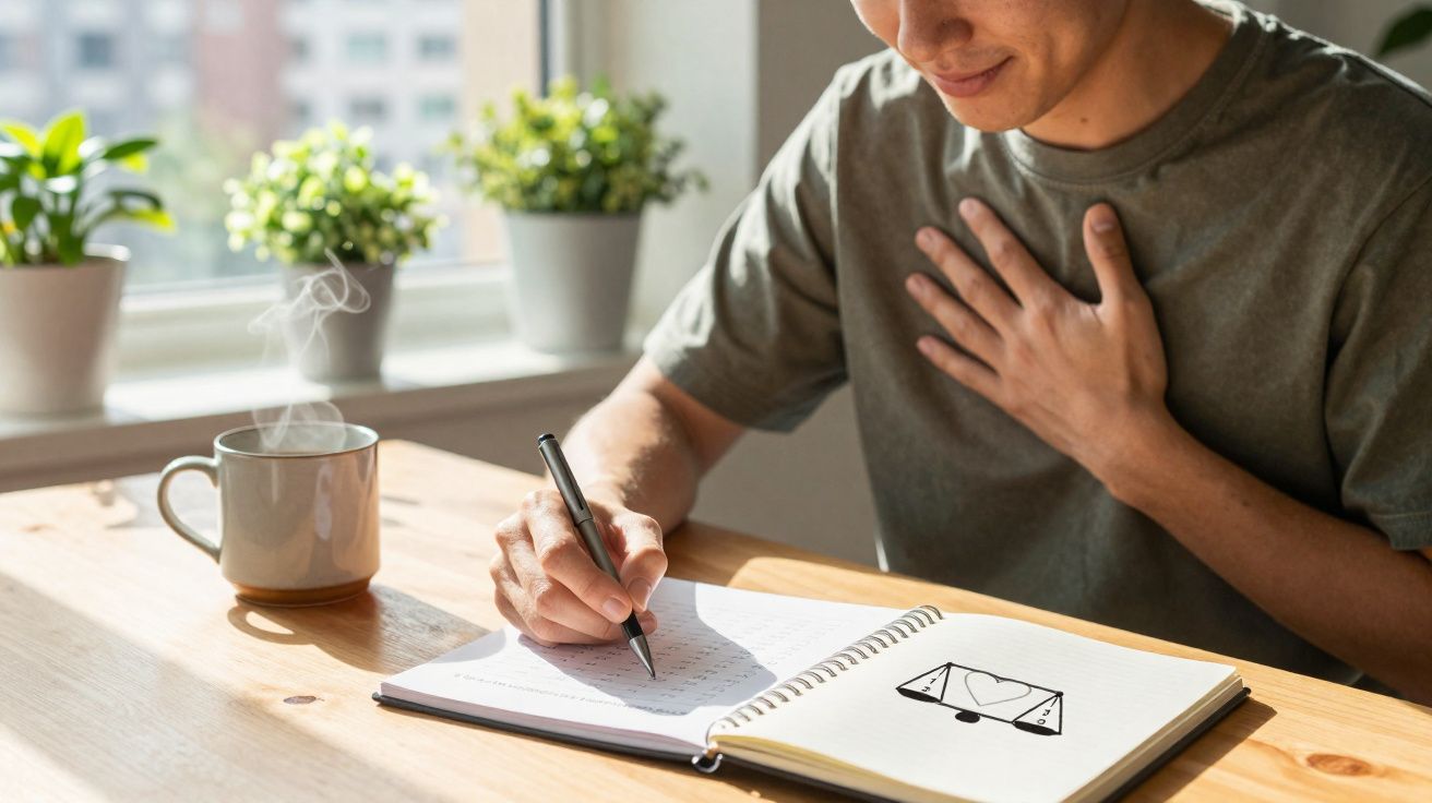 Homem a escrever num caderno com desenho de carta e coração ao lado, caneca de chá quente na mesa.
