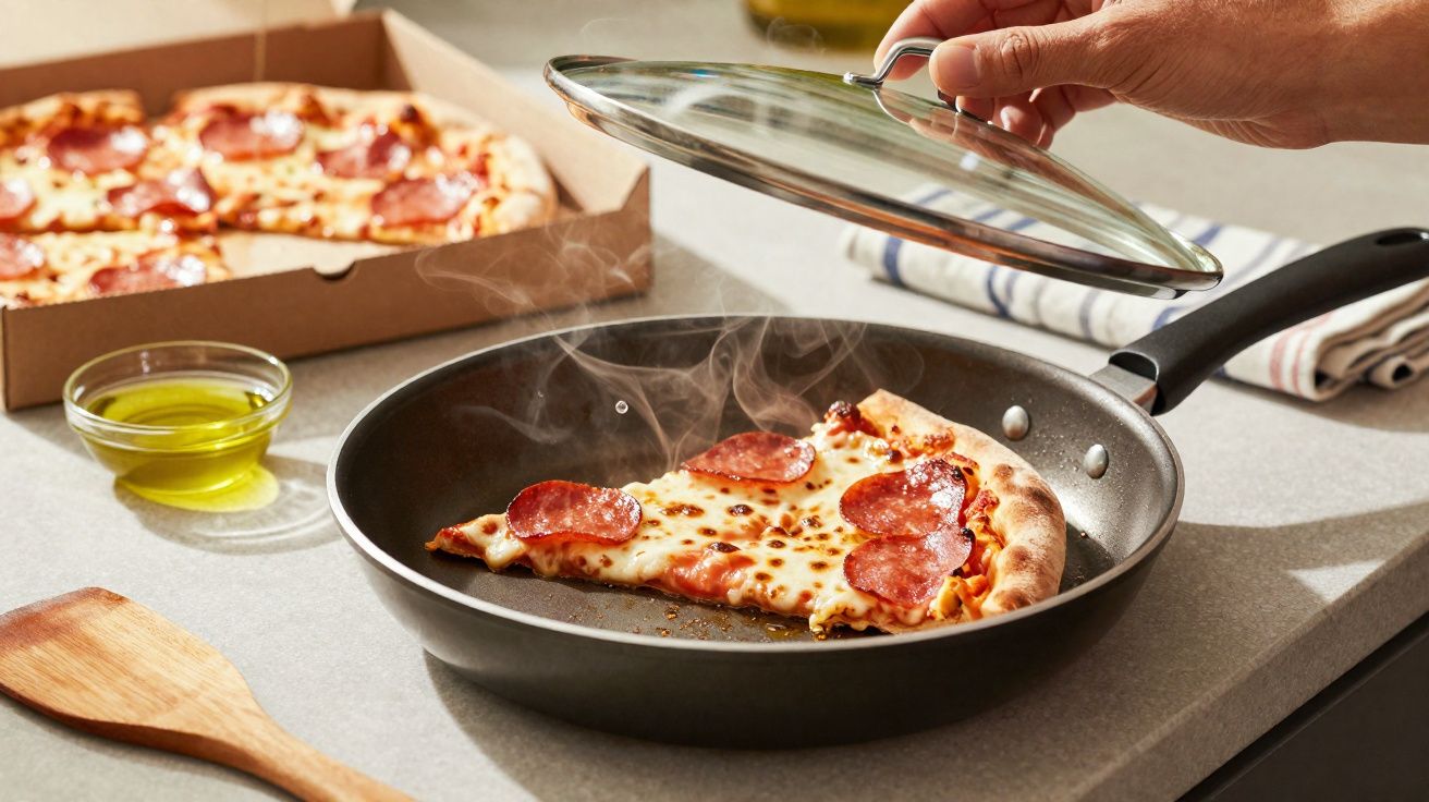 Fatia de pizza de pepperoni quente numa frigideira com tampa, pizza inteira e azeite ao lado numa bancada.