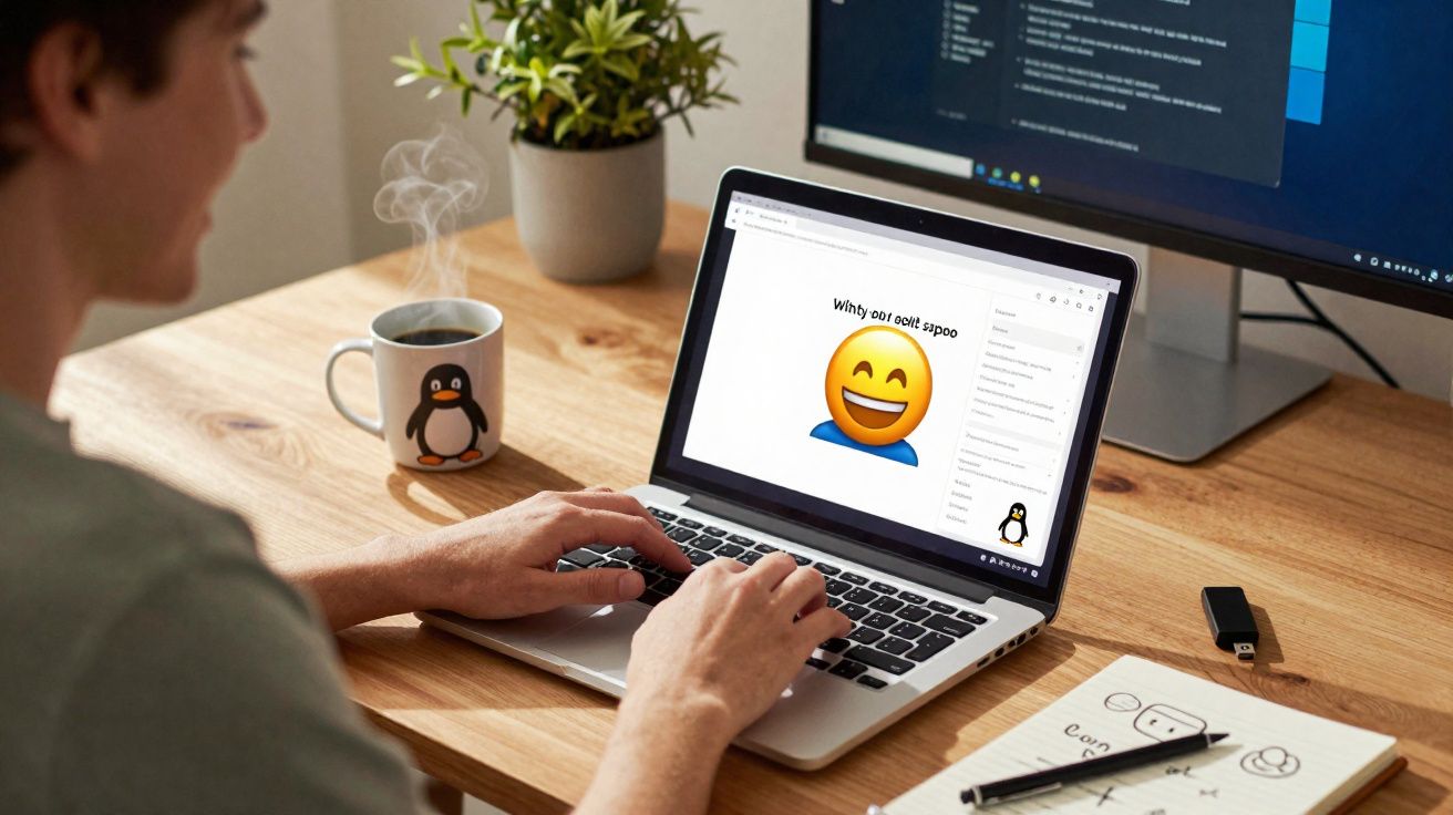 Pessoa a usar portátil com emoji sorridente na tela, caneca de café e planta numa secretária de madeira.