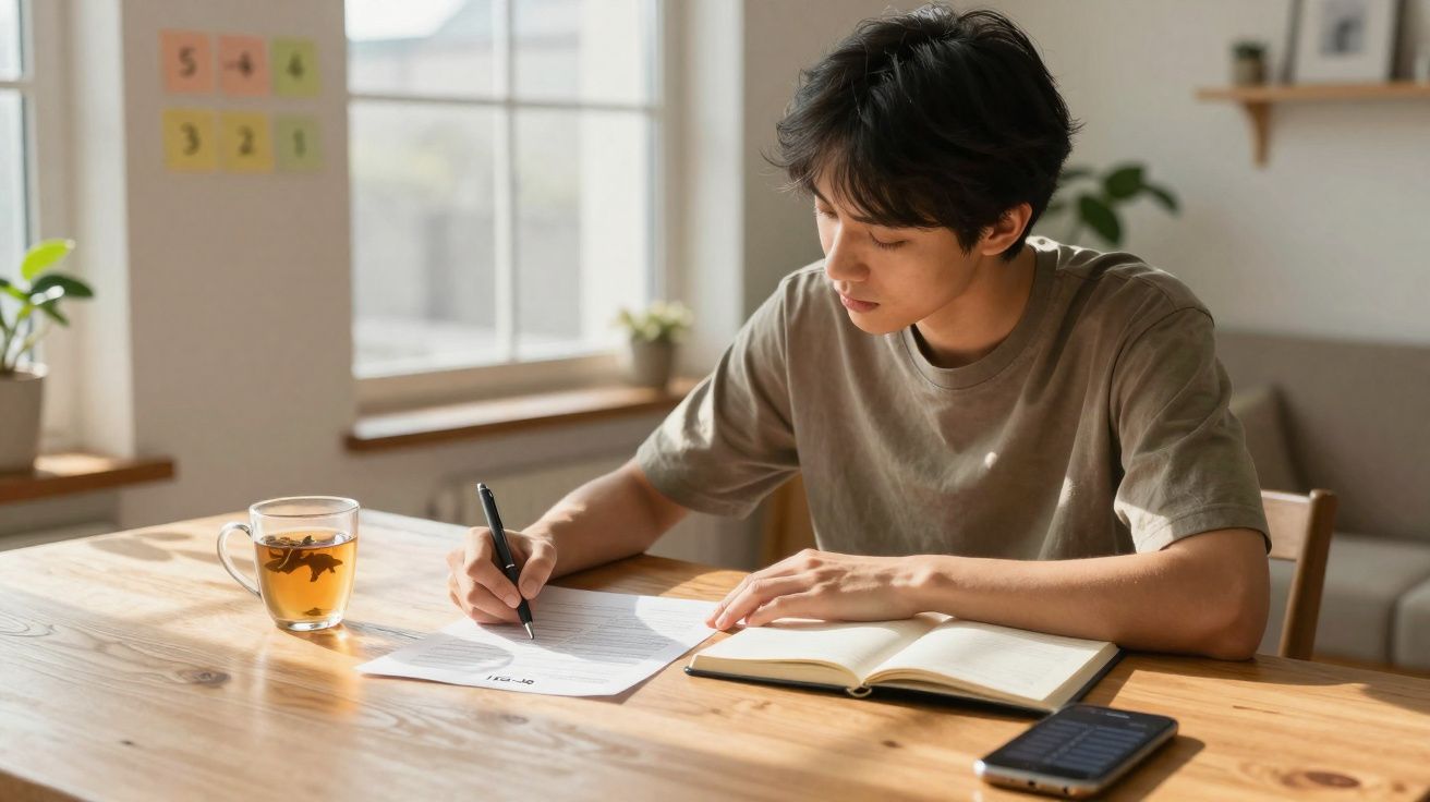 Jovem sentado a escrever em folha de papel e a ler caderno, com chá e telemóvel numa mesa em casa iluminada.