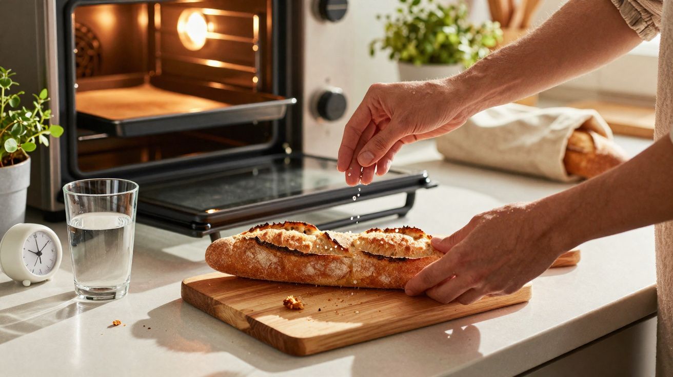 Pessoa a polvilhar sal num pão baguete recém-saído do forno, numa bancada de cozinha.