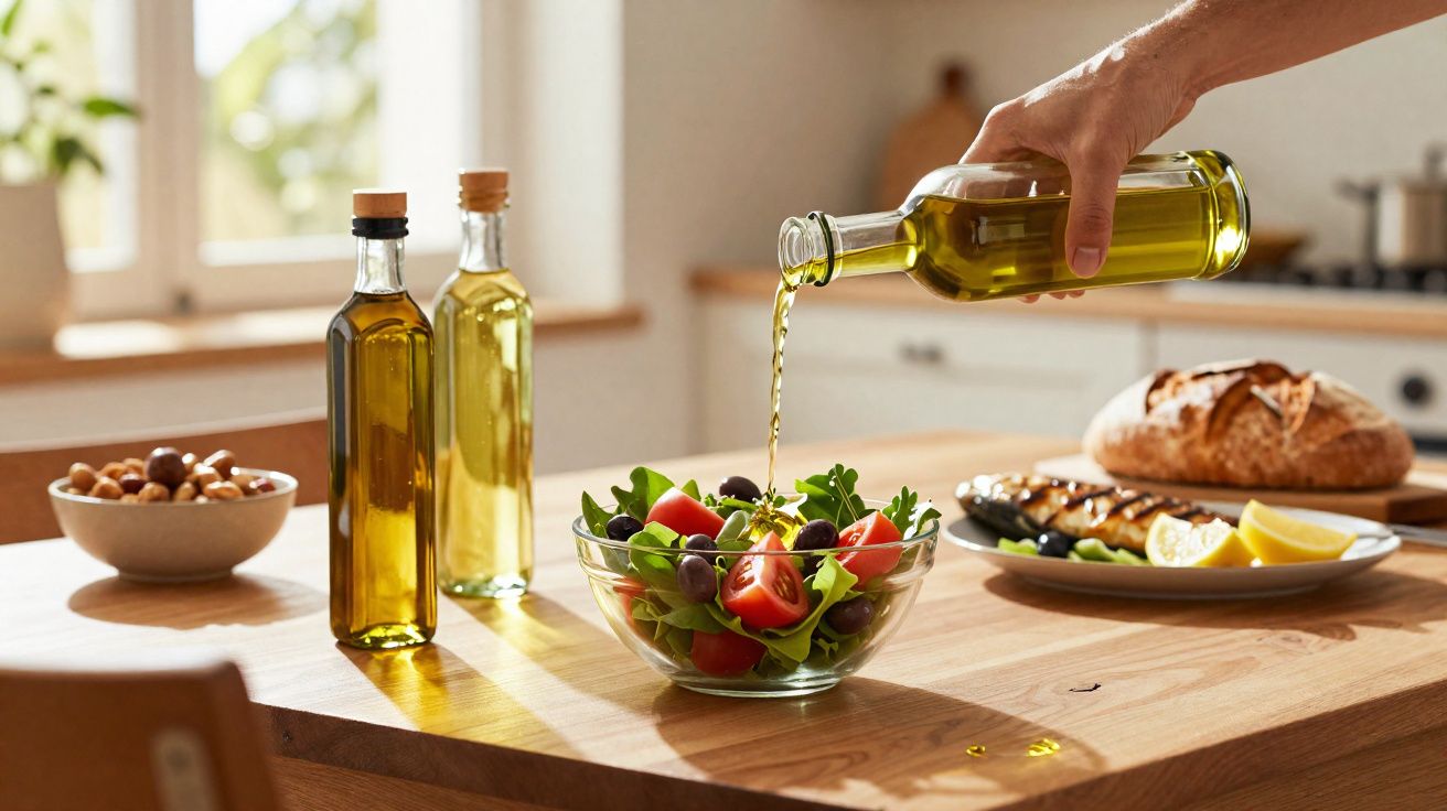 Mão a deitar azeite numa salada fresca com tomates, azeitonas e folhas verdes numa cozinha iluminada.
