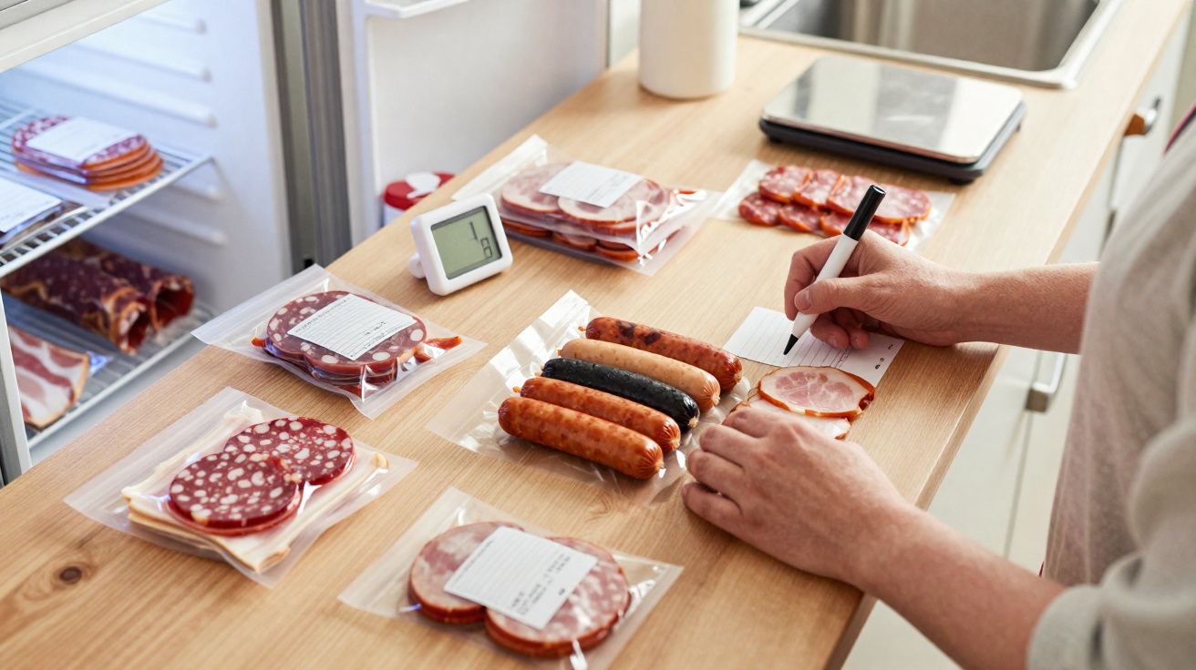 Pessoa a etiquetar enchidos fatiados embalados a vácuo numa cozinha com frigorífico aberto ao fundo.