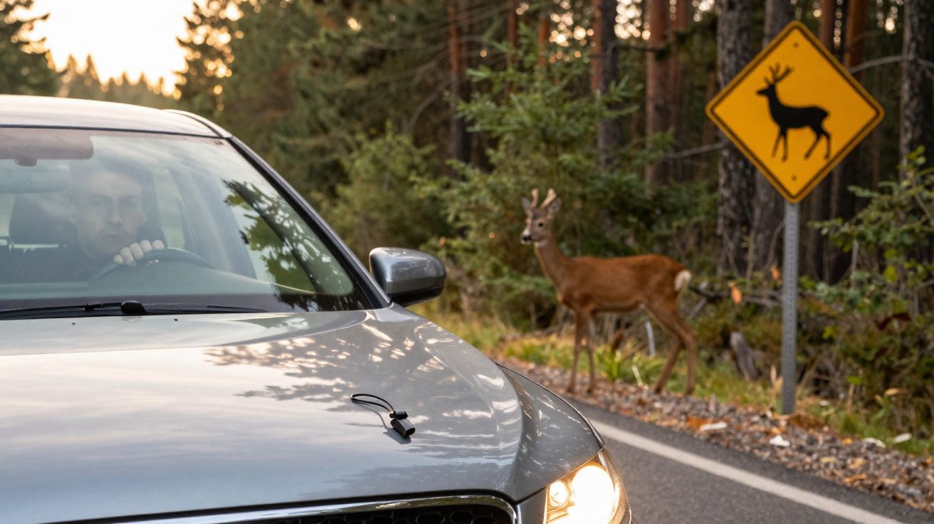 Homem ao volante de carro parado perto de placa de aviso de veado com veado na berma da estrada florestal.