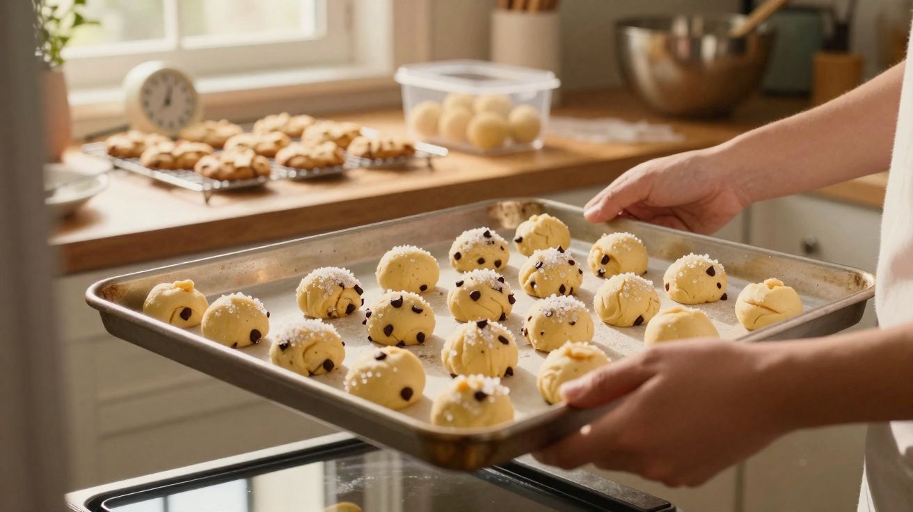 Pessoa a colocar tabuleiro com bolinhas de massa de biscoito no forno numa cozinha iluminada.