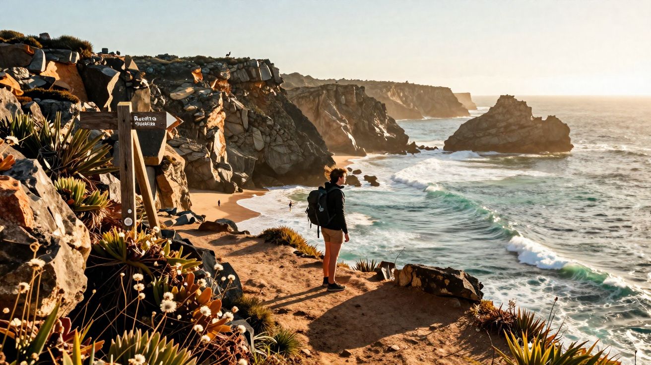 Pessoa de mochila observa o mar e as falésias rochosas ao pôr do sol numa praia selvagem.