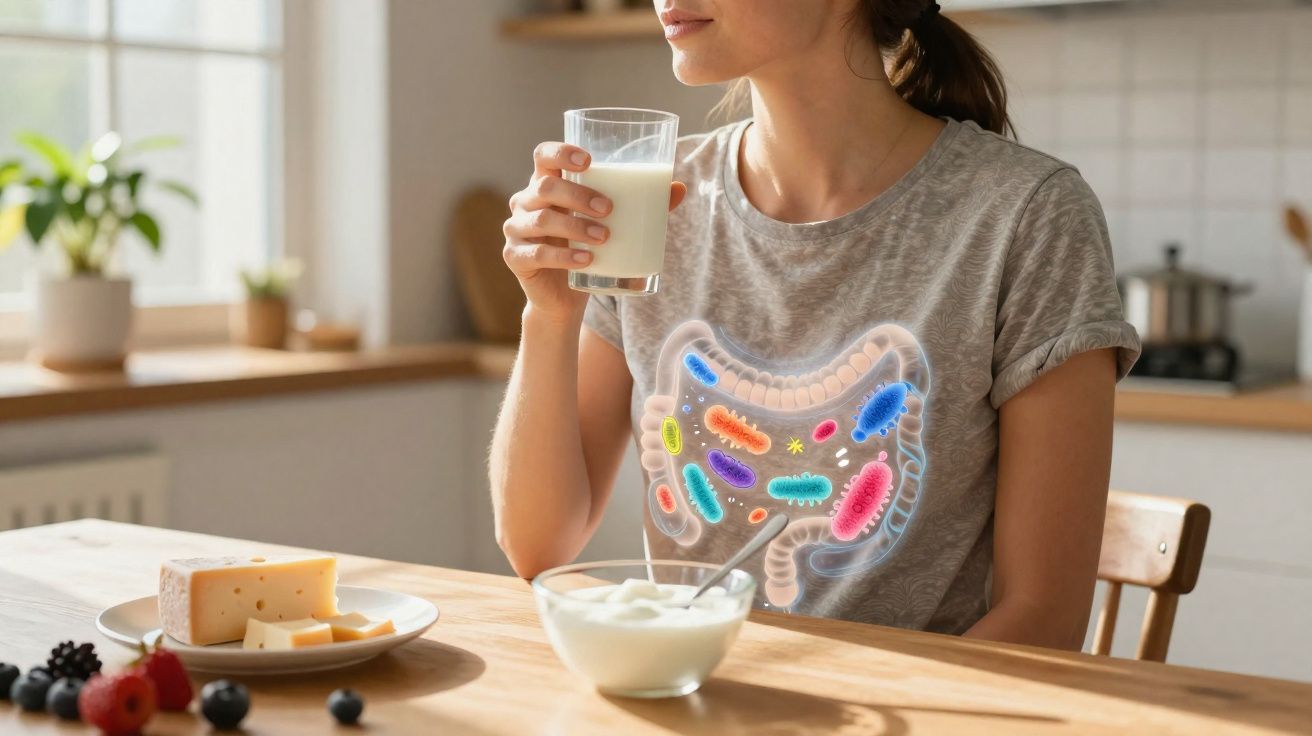 Mulher a beber leite com ilustração do intestino e bactérias coloridas no peito, à mesa com queijo e iogurte.
