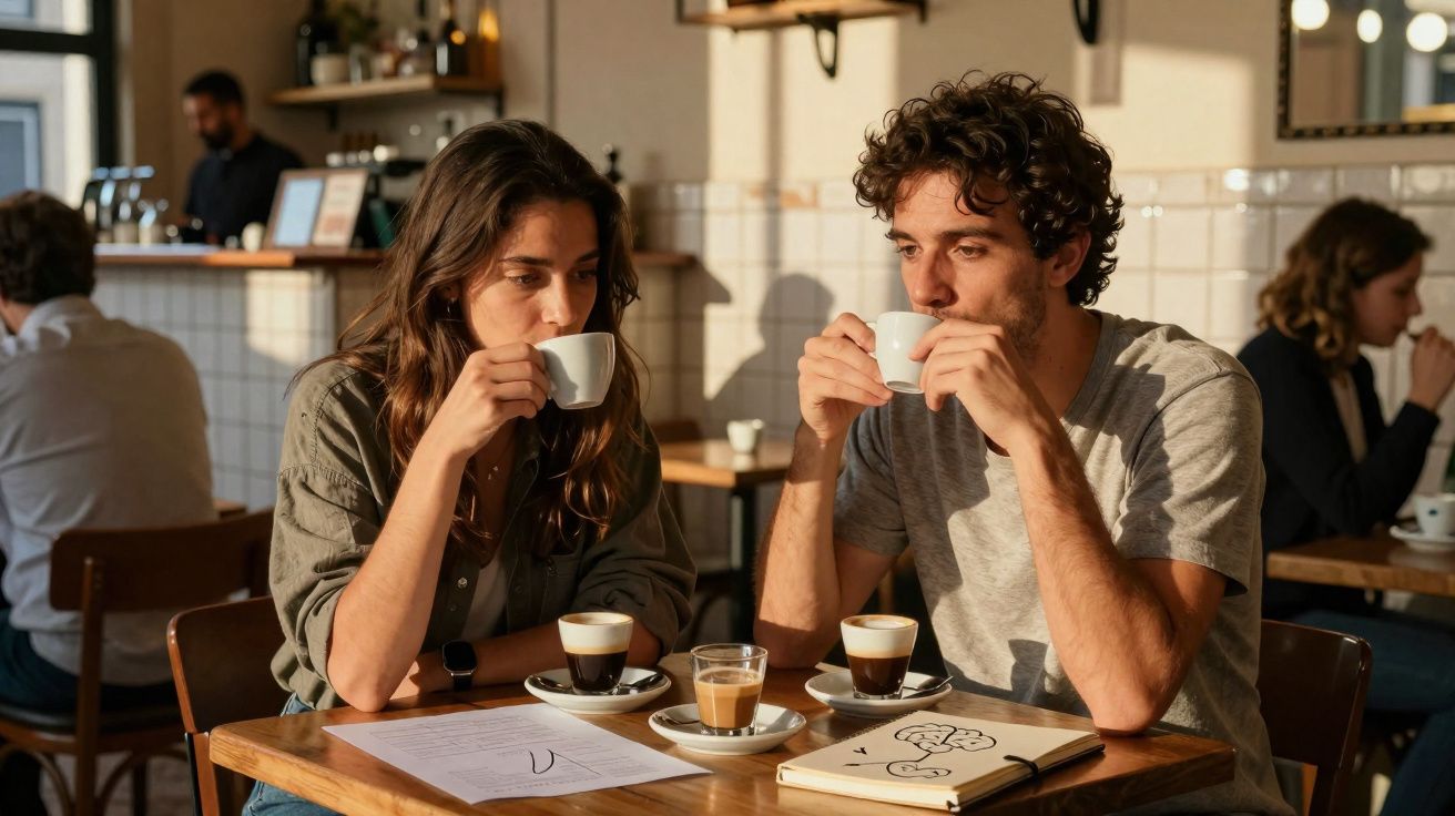 Casal sentado num café a beber café expresso, com papéis e um caderno na mesa.
