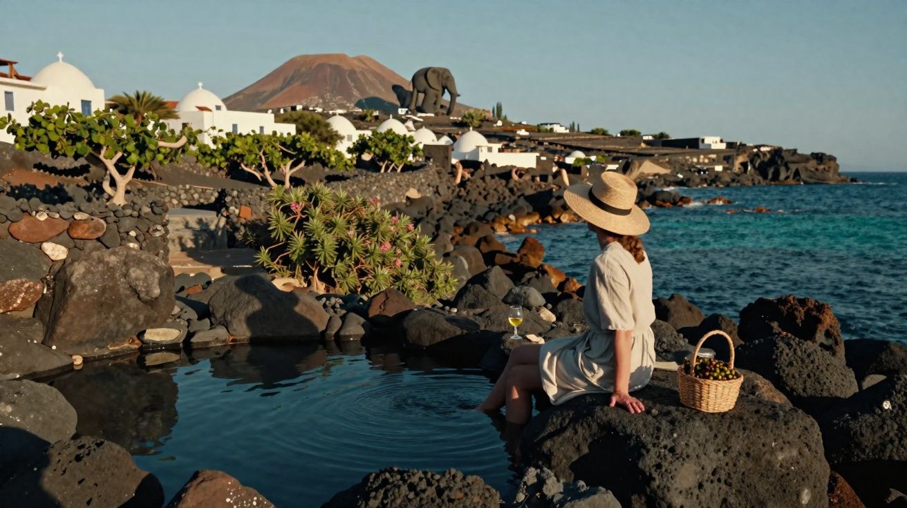 Mulher de chapéu sentada em rochas junto ao mar em paisagem com casas brancas e montanha ao fundo.