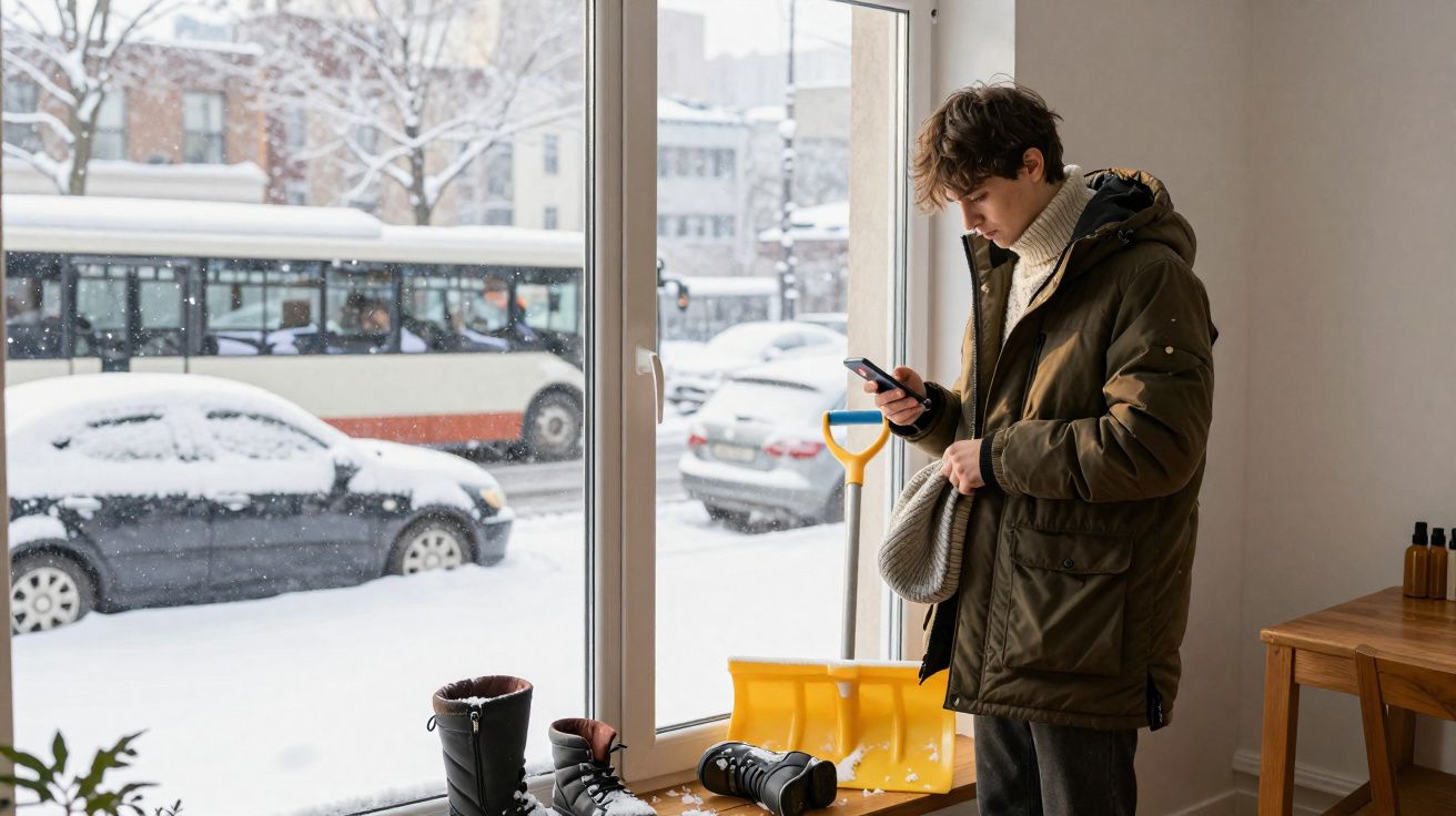 Jovem de casaco quente vê o telemóvel junto a janela com neve e equipamentos de inverno dentro de casa.