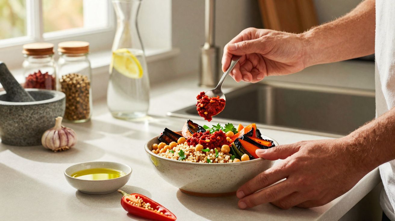 Pessoa a temperar uma salada saudável com grão, legumes assados e especiarias numa cozinha iluminada.