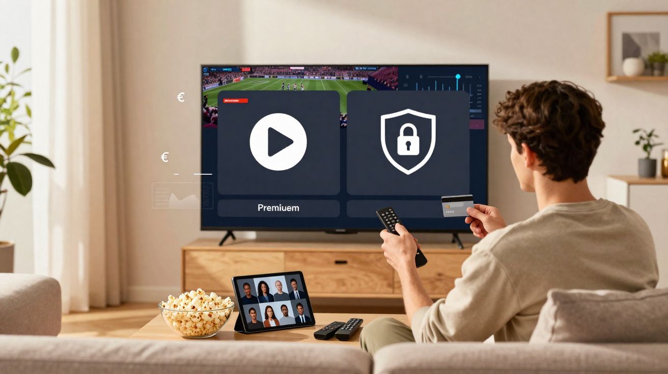 Homem sentado no sofá a escolher subscrição premium numa TV, com tecla de comando e cartão de crédito na mão.