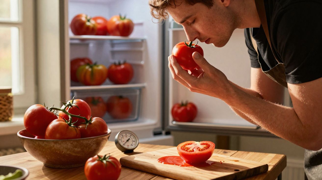 Homem cheira um tomate fresco ao lado de uma taça e frigorífico cheio de tomates.