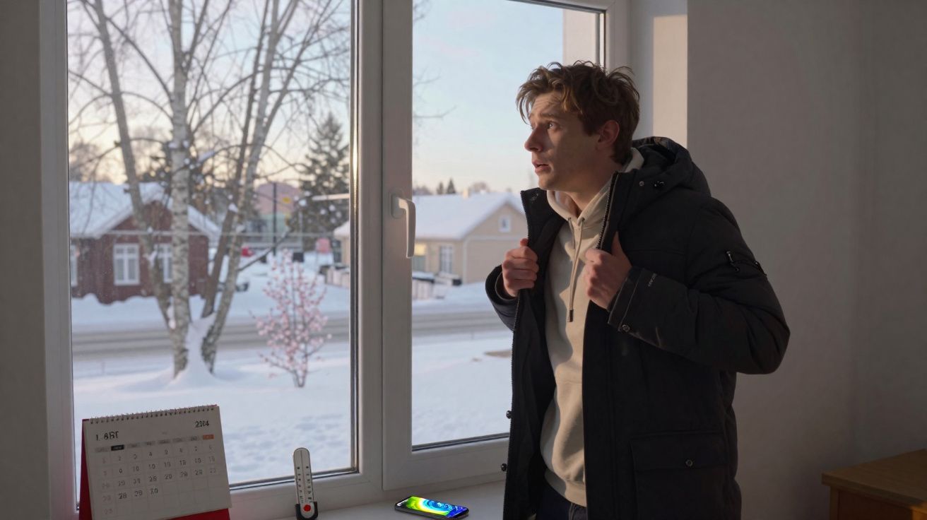 Homem veste casaco ao lado de janela com paisagem de neve e casas ao fundo, interior iluminado.