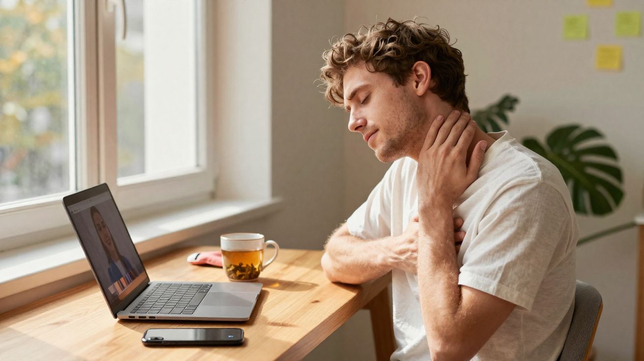 Homem jovem sentado a trabalhar no computador, massajando o pescoço e mostrando desconforto.