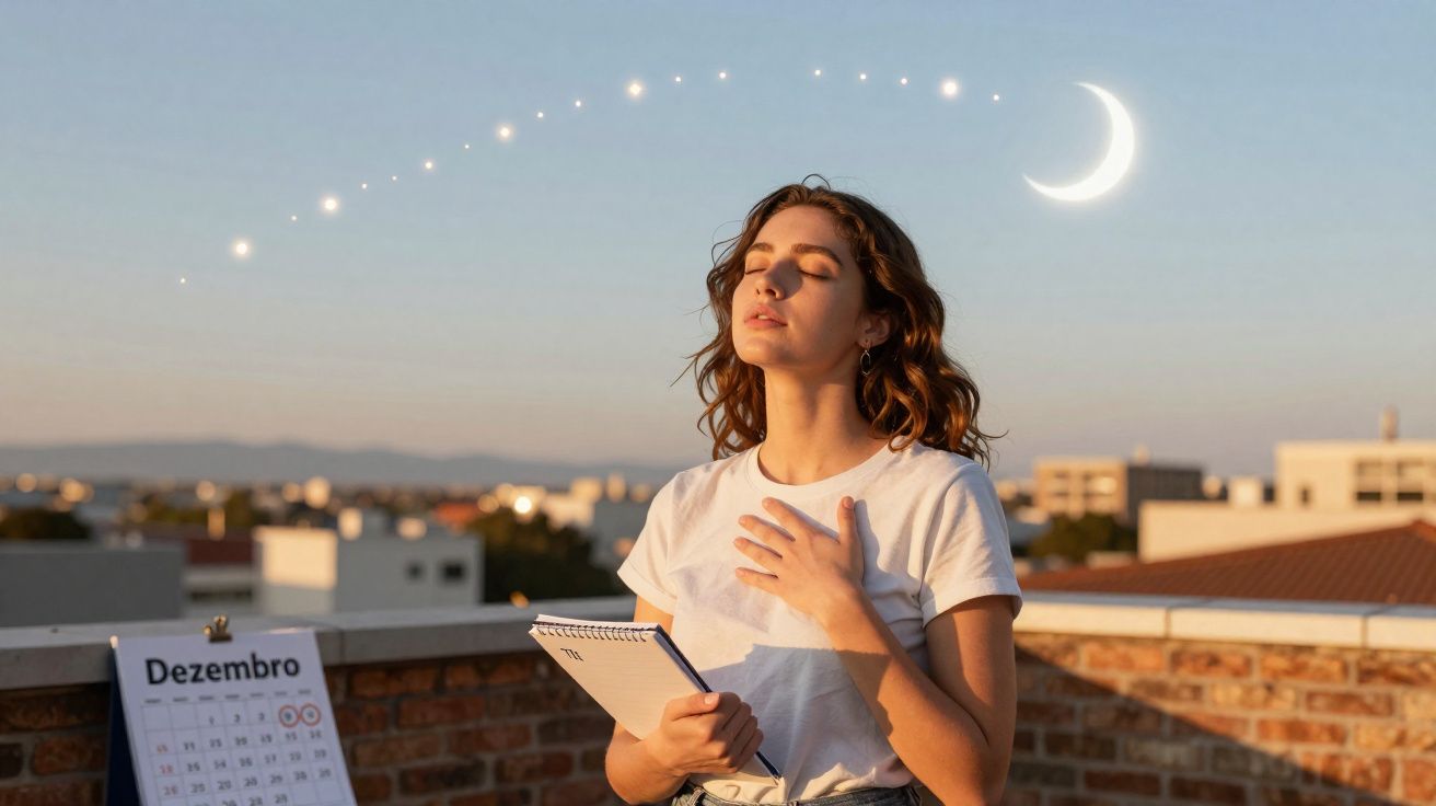 Mulher com mãos no peito meditando ao ar livre ao pôr do sol, com calendário de dezembro visível.