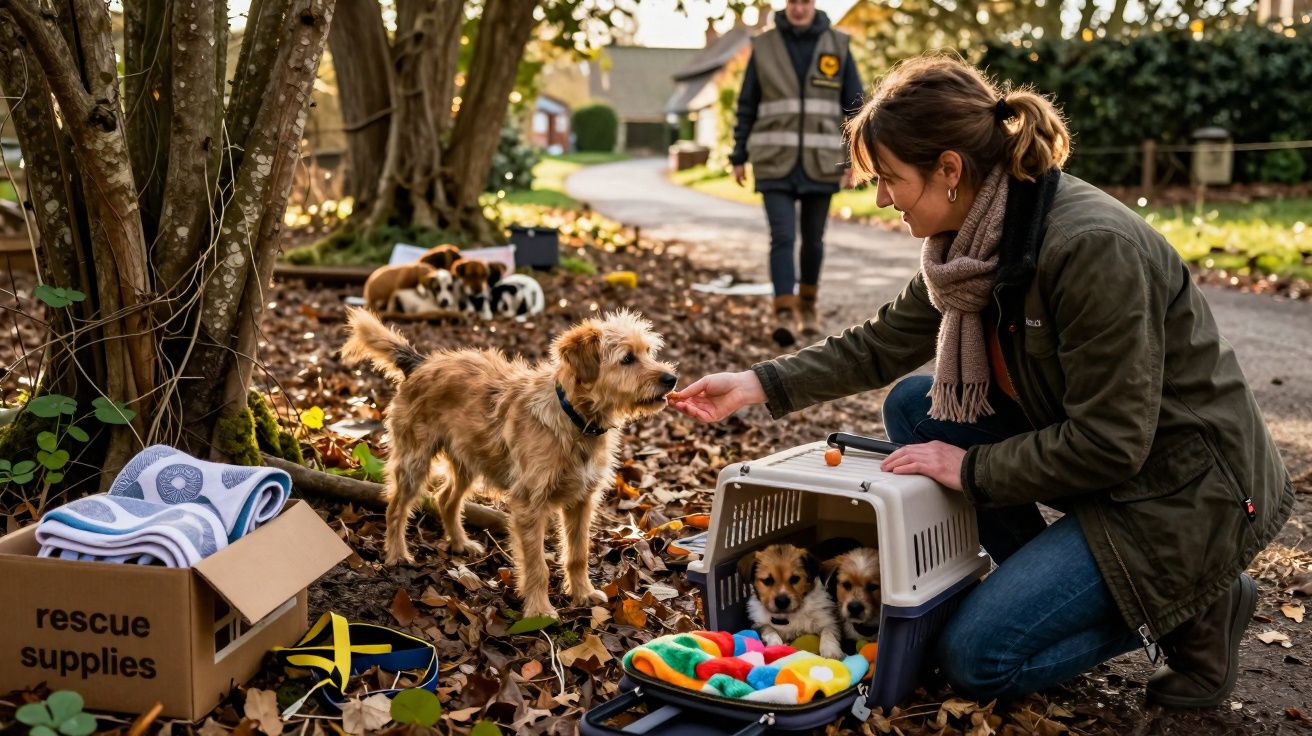 Mulher alimenta cão adulto junto a caixa com cachorros e caixas com mantas na floresta outonal.