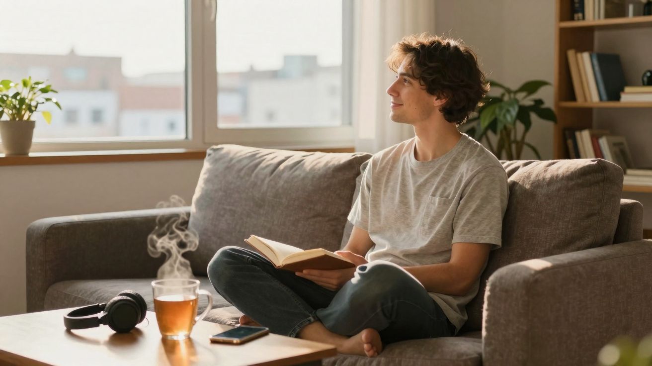 Homem sentado no sofá a ler um livro, olhando pela janela, com chá quente e auscultadores na mesa.
